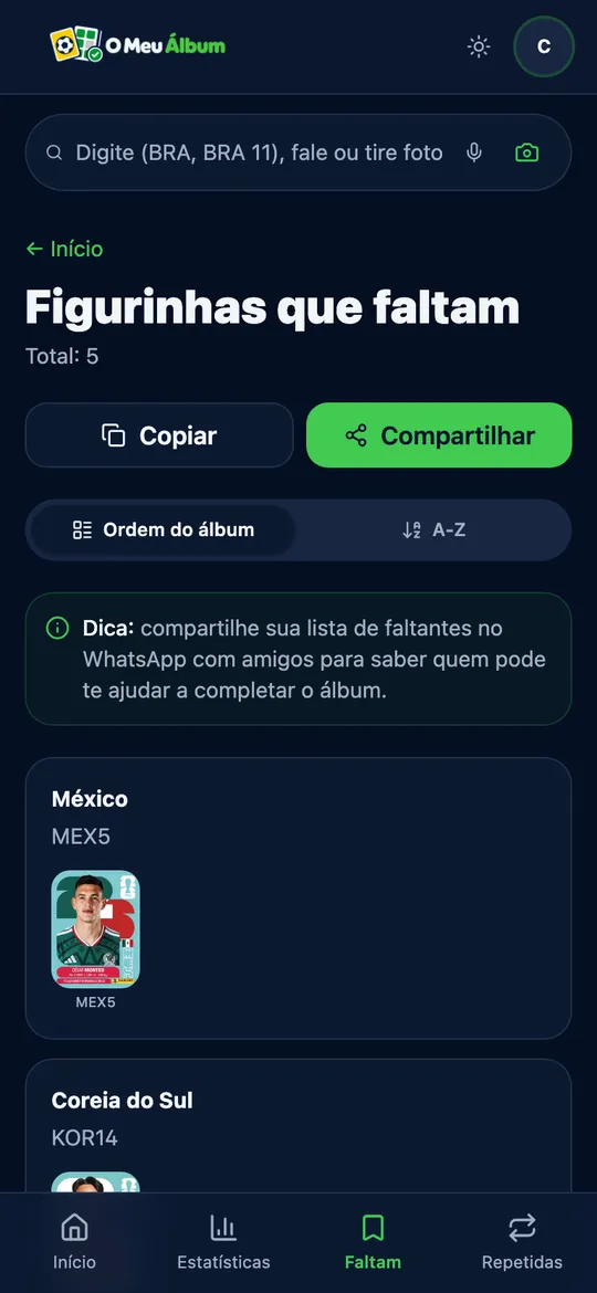 Tela de figurinhas faltantes com ordenação, imagens e ações para copiar ou compartilhar