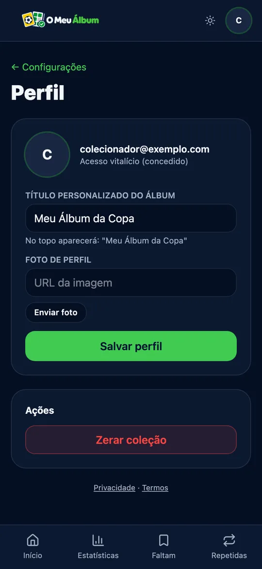 Tela demonstrativa de perfil com personalização do álbum e gerenciamento de compartilhamento