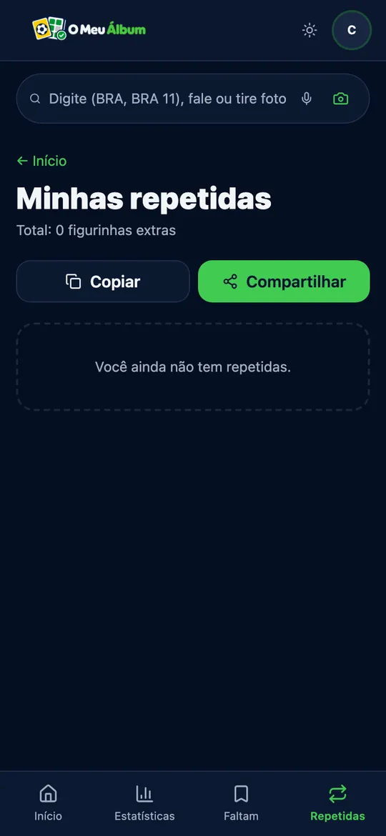 Tela de repetidas com ações para copiar e compartilhar a lista, ainda sem figurinhas extras